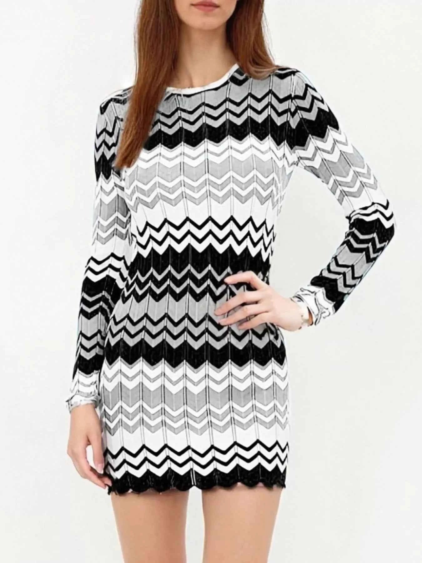 Openwork Wave Pattern Long Sleeve Sweater Dress