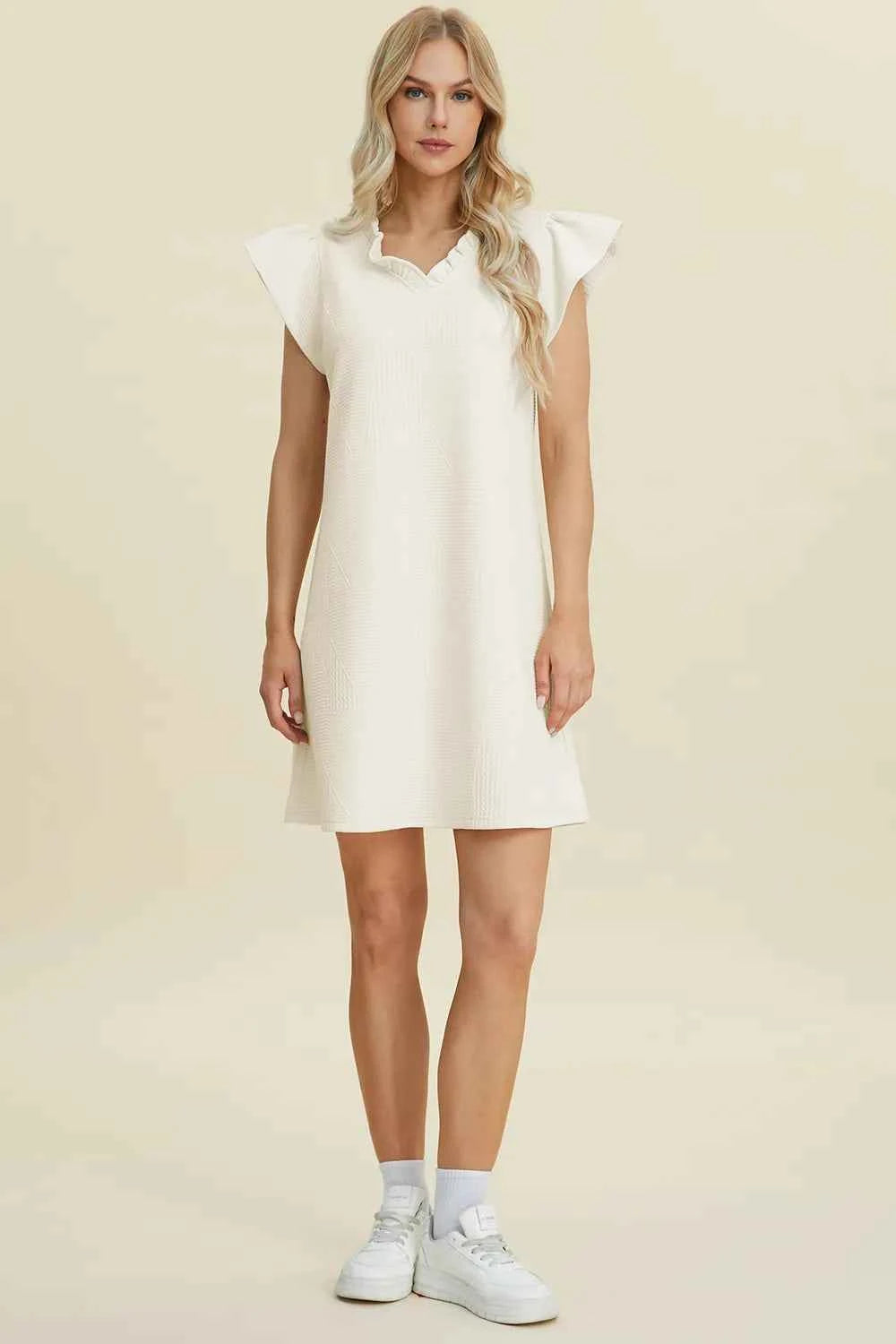 Double Take Full Size Ruffled V-Neck Cap Sleeve Dress