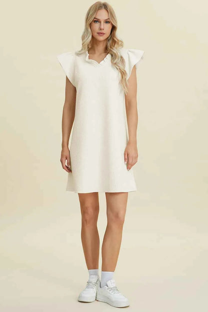 Double Take Full Size Ruffled V-Neck Cap Sleeve Dress