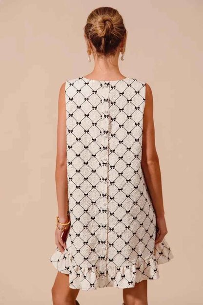 SO ME Texture Bow Printed Mini Ruffle Dress