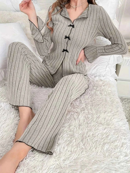 Ribbed Bow Front Top and Pants Lounge Set