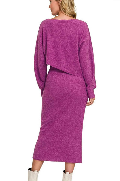 Zenana Ribbed Asymmetric Hem and Sleeve Top & Skirt Set