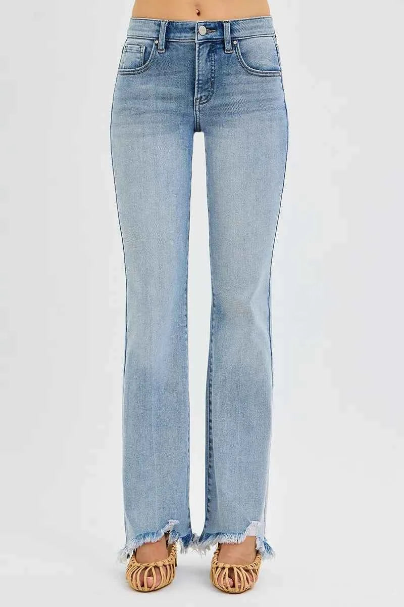 RISEN Full Size Tummy Control Mid Rise Flare Jeans with Fray Hem Detailed Plus Size