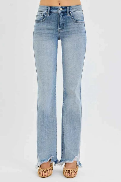RISEN Full Size Tummy Control Mid Rise Flare Jeans with Fray Hem Detailed Plus Size