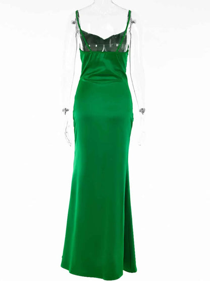 Ruched Split Spaghetti Strap Maxi Dress