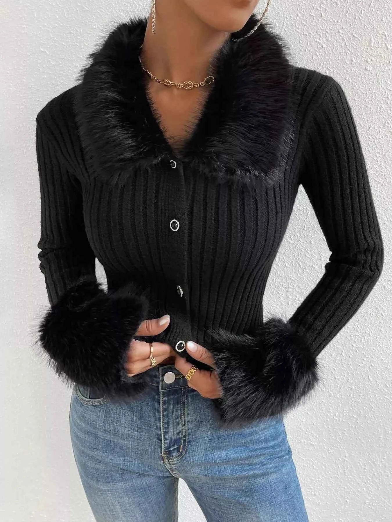 Faux Fur Trim Ribbed Knit Cropped Cardigan
