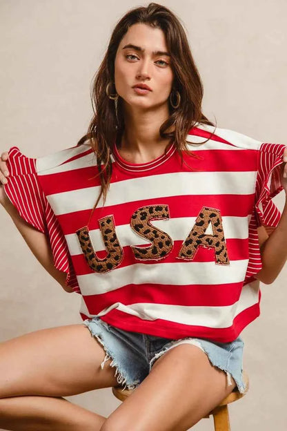 BiBi Stripe Mixed Ruffle Sleeve Top With Leopard Letter