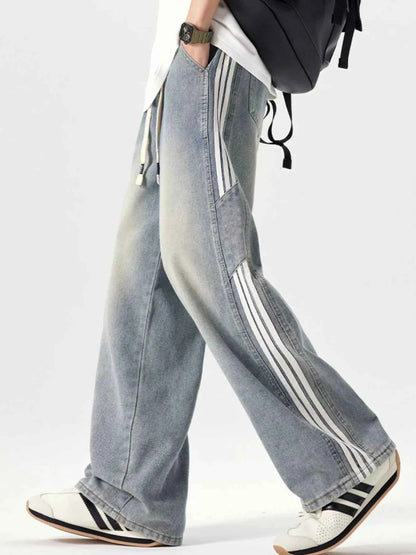 Men's Plus Size Washed Side Stripe Wide Leg Jeans