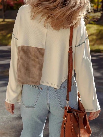 Color Block Waffle Knit Stitch Detail Long Sleeve Top