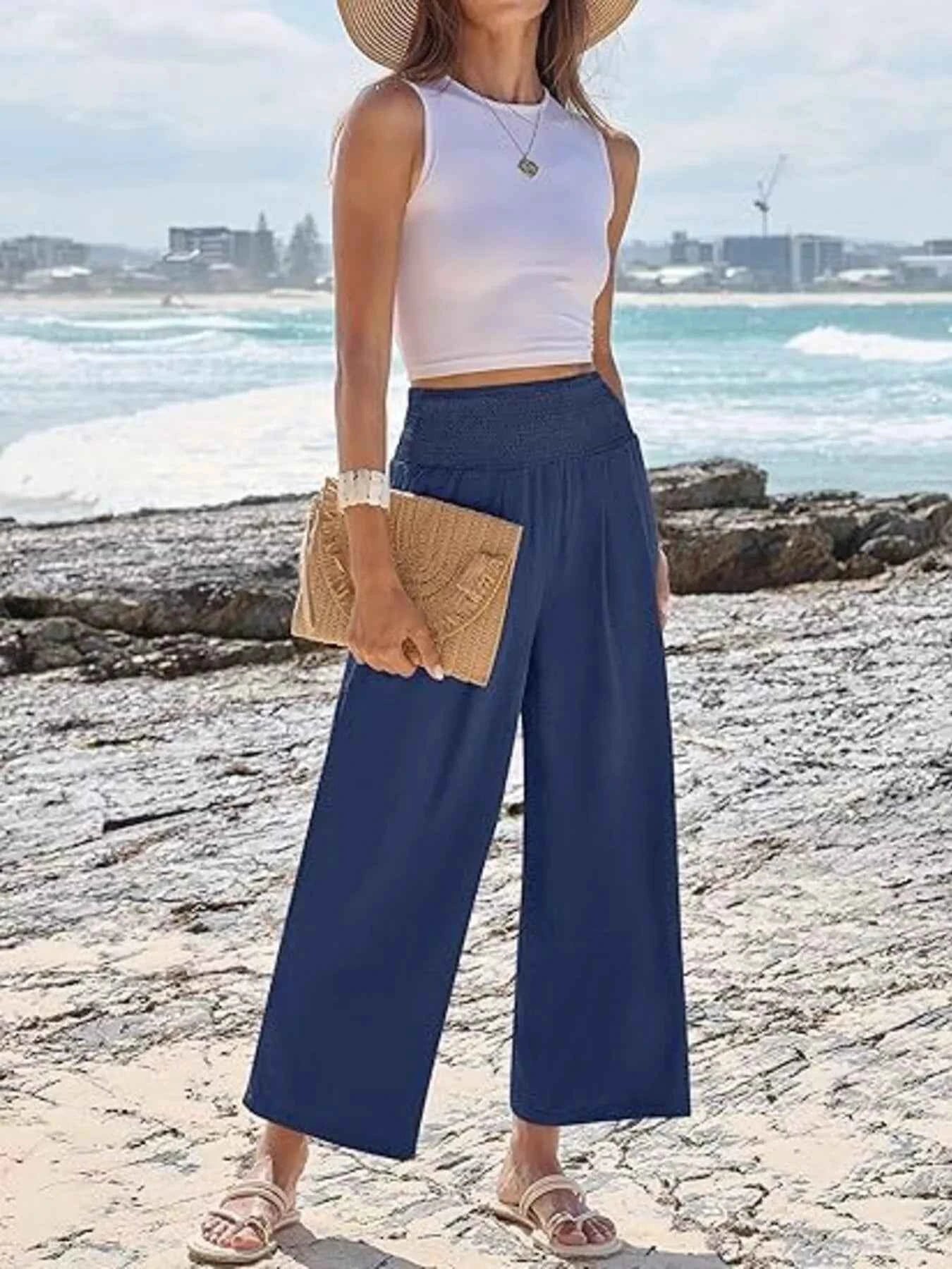 Wide Leg Smocked High Waist Pants