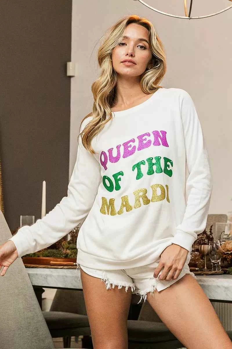BiBi Queen Of Mardi Glitter Print Mardi Gras Sweatshirt
