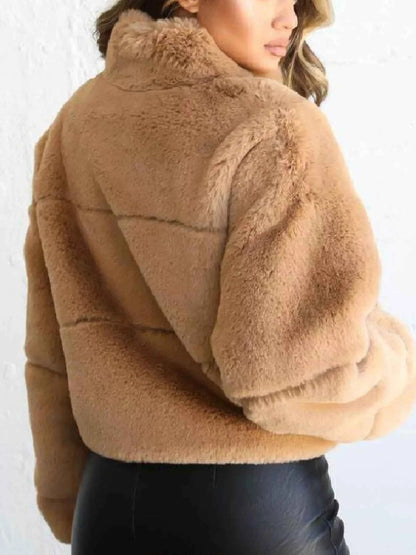 Full Size Faux Fur Cropped Zip-Up Jacket Plus Size
