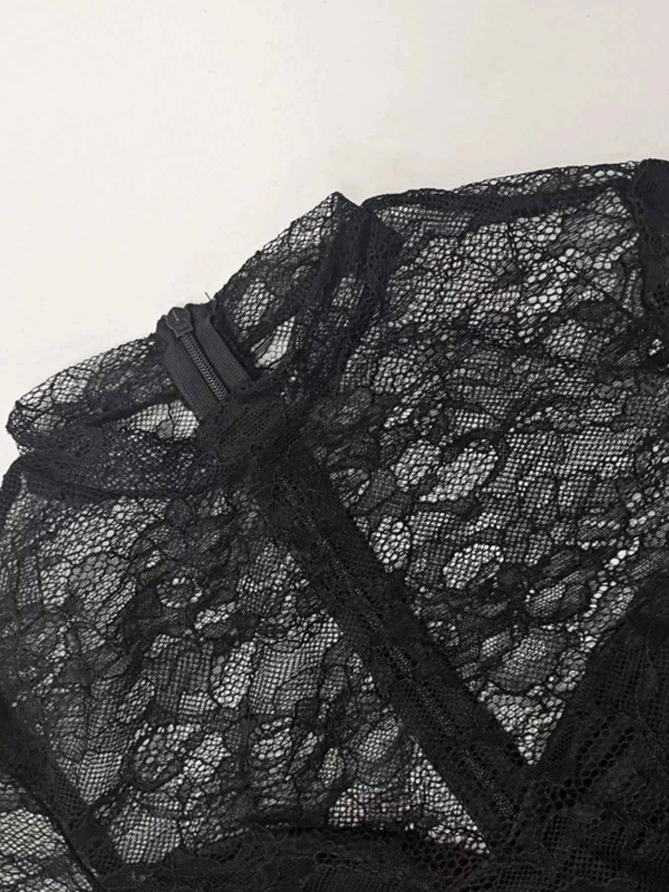 Lace Sheer Mock Neck Long Sleeve Maxi Dress