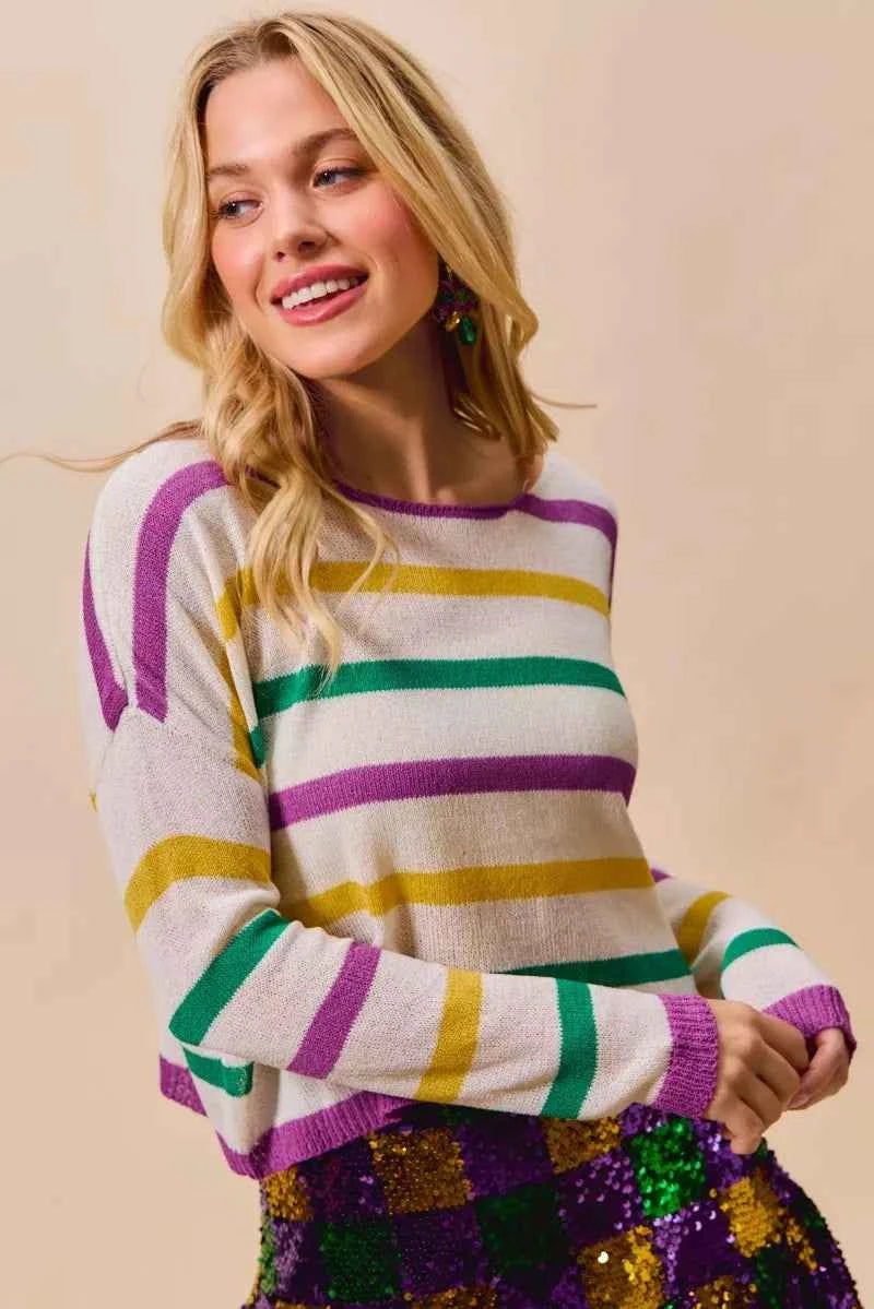 SO ME Mardi Gras Color Stripe Lightweight Sweater Top