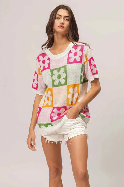 BiBi Flower Checker Pattern Lightweight Sweater Top