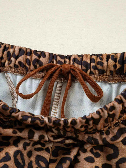 Leopard Print Contrast Trim Long Sleeve Top and Pants Set