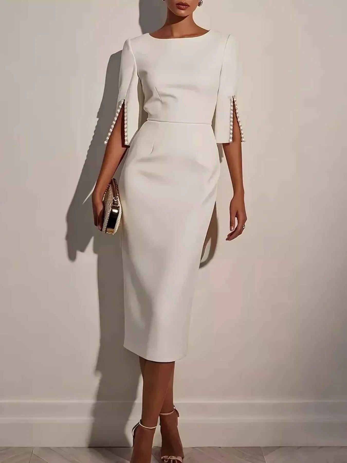 Slim-Fit Elegant Midi Dress with Beaded Slit Sleeve