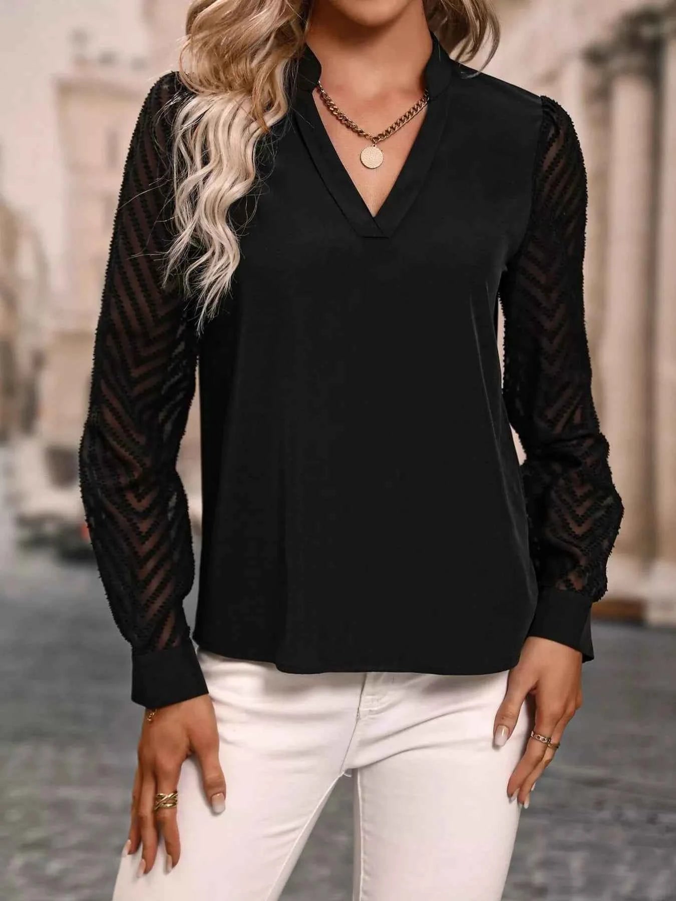 Sheer Sleeve V-Neck Blouse