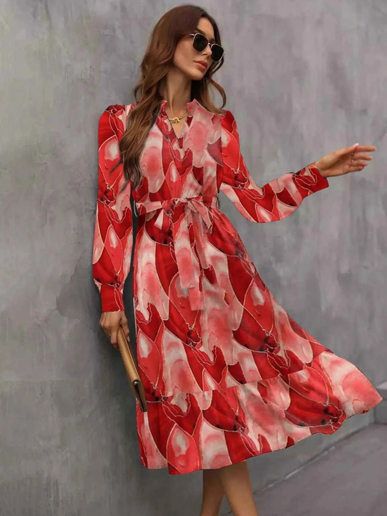 Notched Tie Waist Long Sleeve Dress