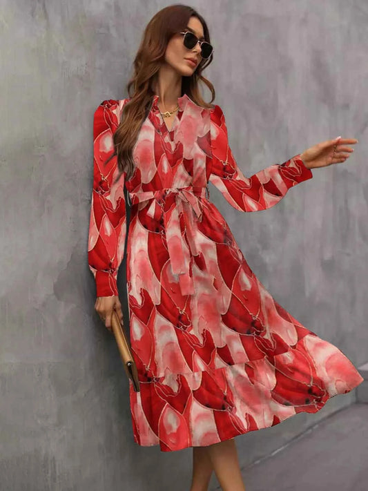 Notched Tie Waist Long Sleeve Dress
