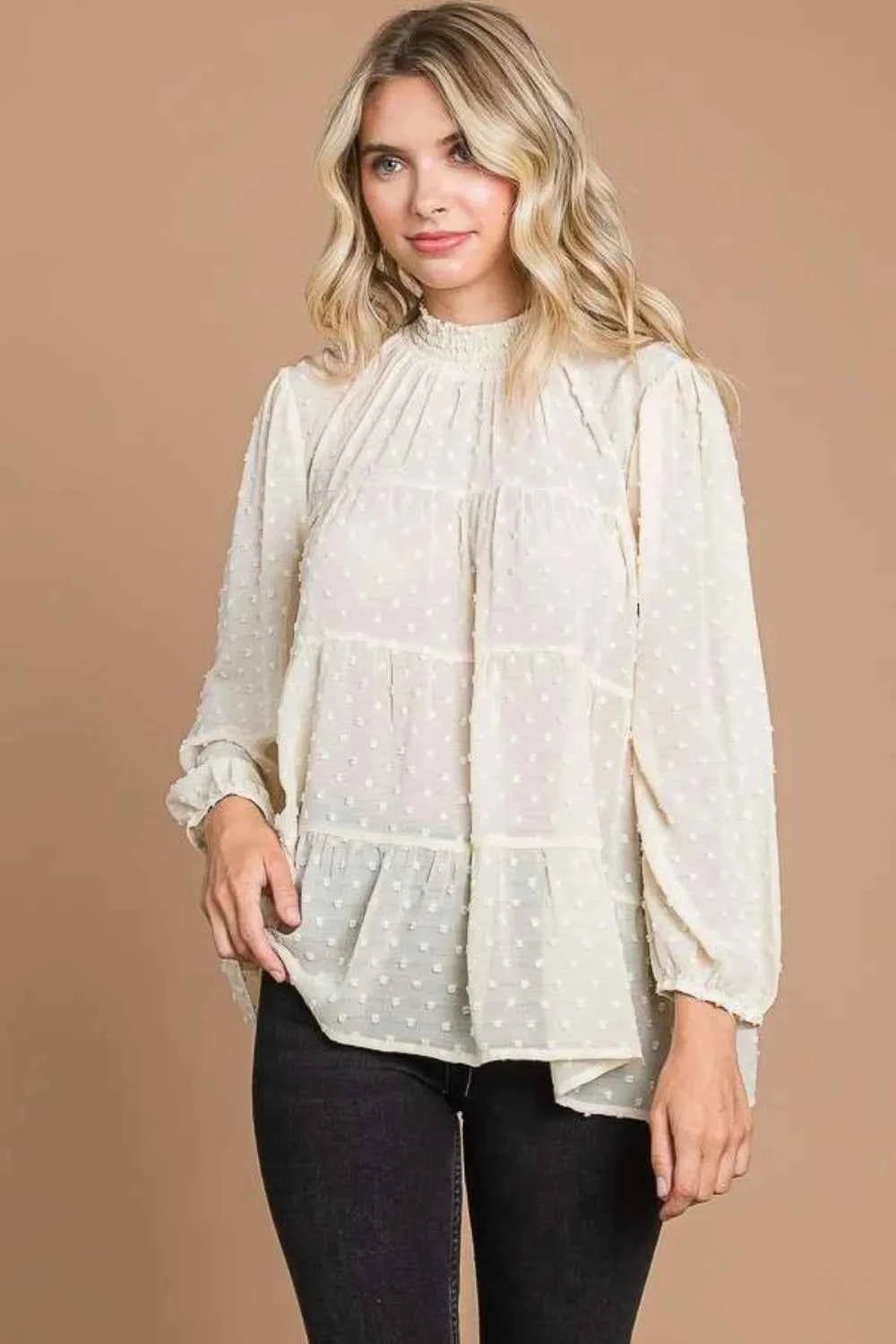 Culture Code Full Size Swiss Dot Smocked Mock Neck Blouse Plus Size
