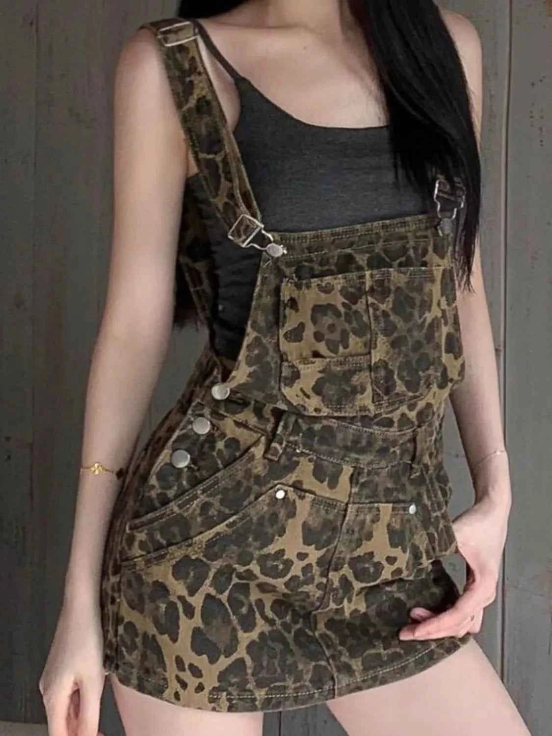 Leopard Print Denim Overall Dress