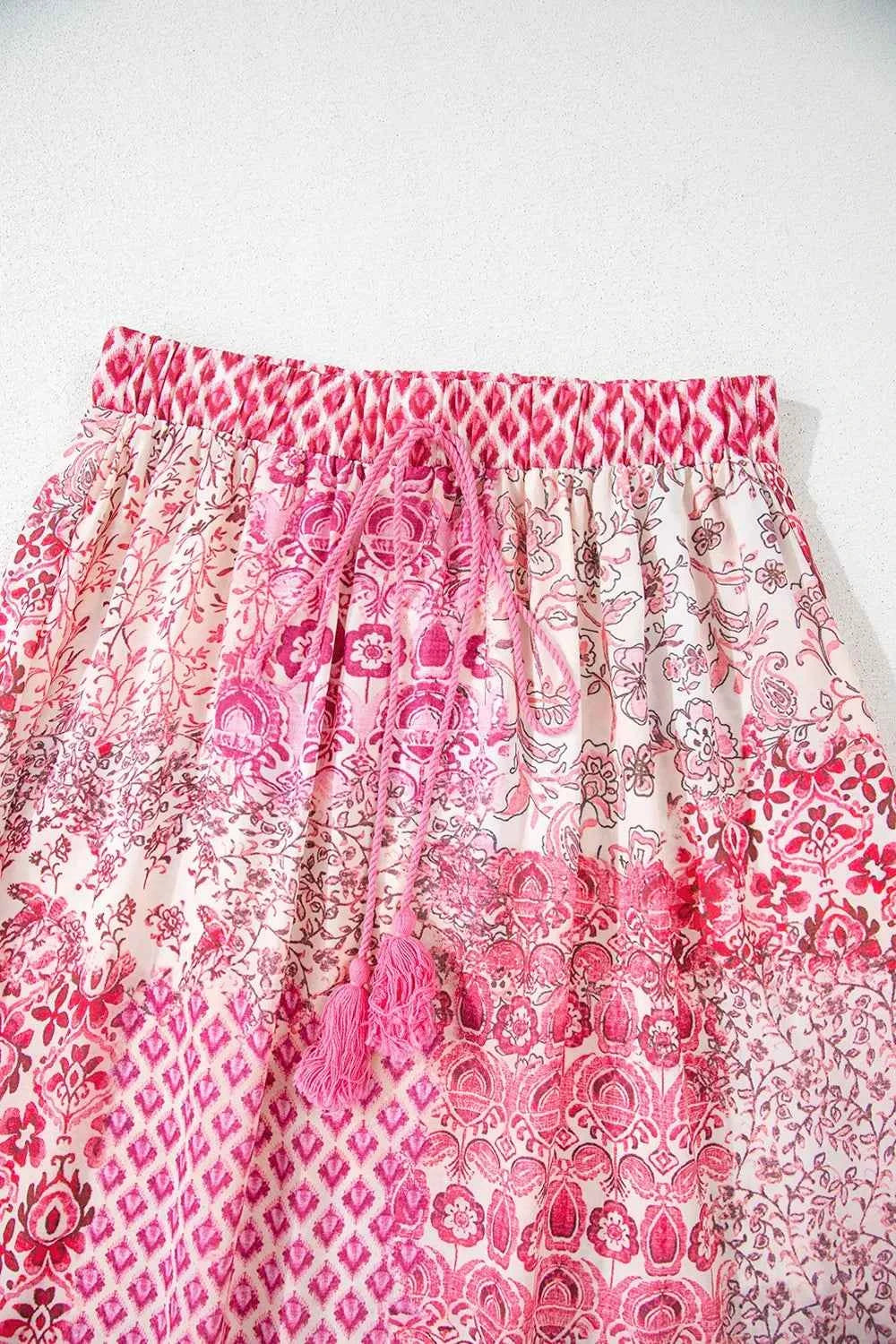 Printed Tassel Drawstring High Waist Maxi Skirt