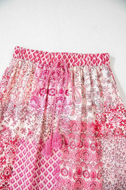 Printed Tassel Drawstring High Waist Maxi Skirt