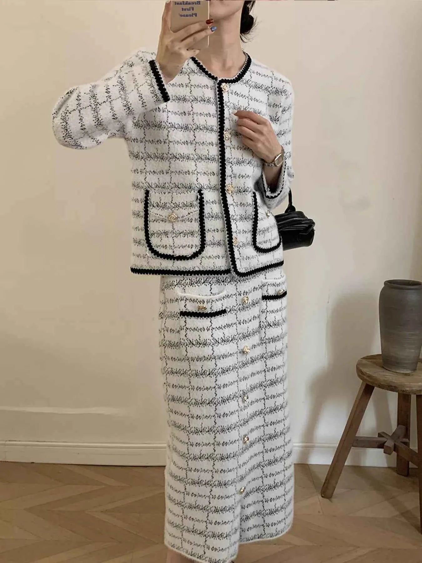 Tweed Contrast Trim Jacket and Skirt Set