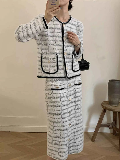 Tweed Contrast Trim Jacket and Skirt Set