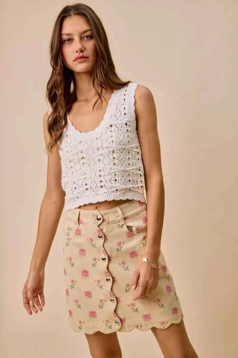 SO ME Floral Rose Print Cotton Twill Scallop Mini Skirt