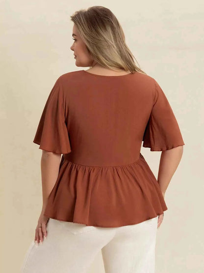Plus Size Embroidered V-Neck Flutter Sleeve Blouse