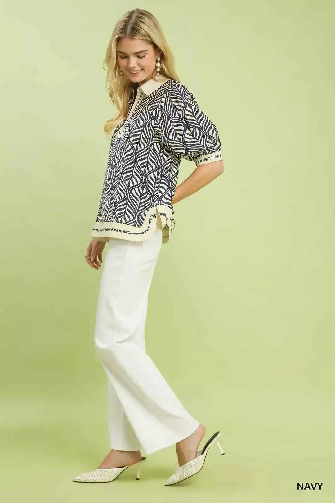 Umgee Geometric Leaf Print Popover Top