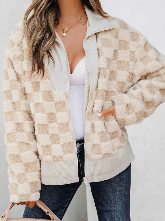 Checker Sherpa Corduroy Patchwork Zip Up Jacket