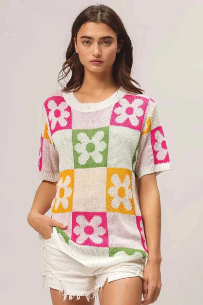 BiBi Flower Checker Pattern Lightweight Sweater Top