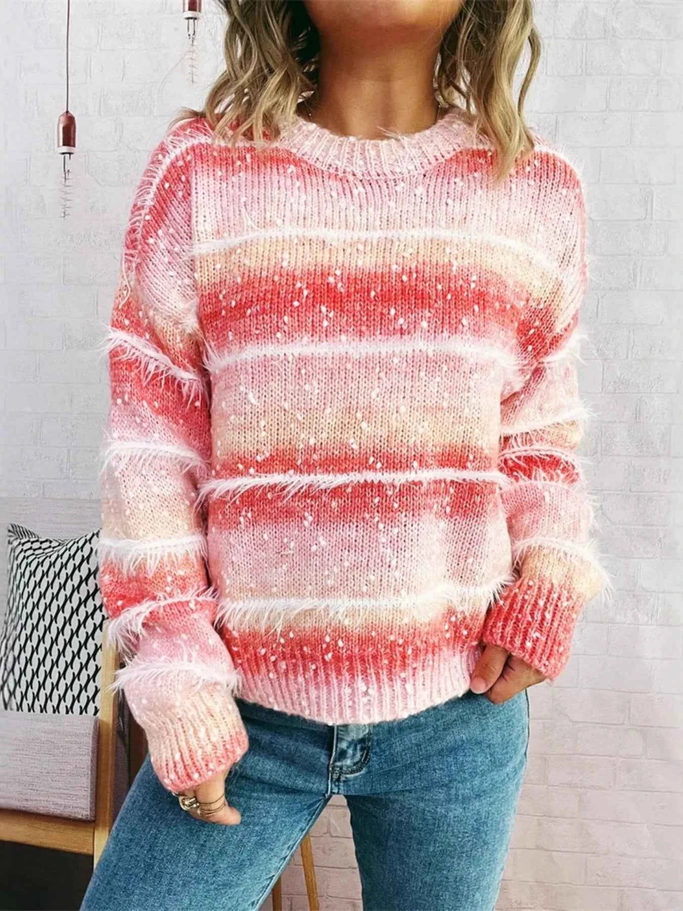 Gradient Striped Round Neck Sweater