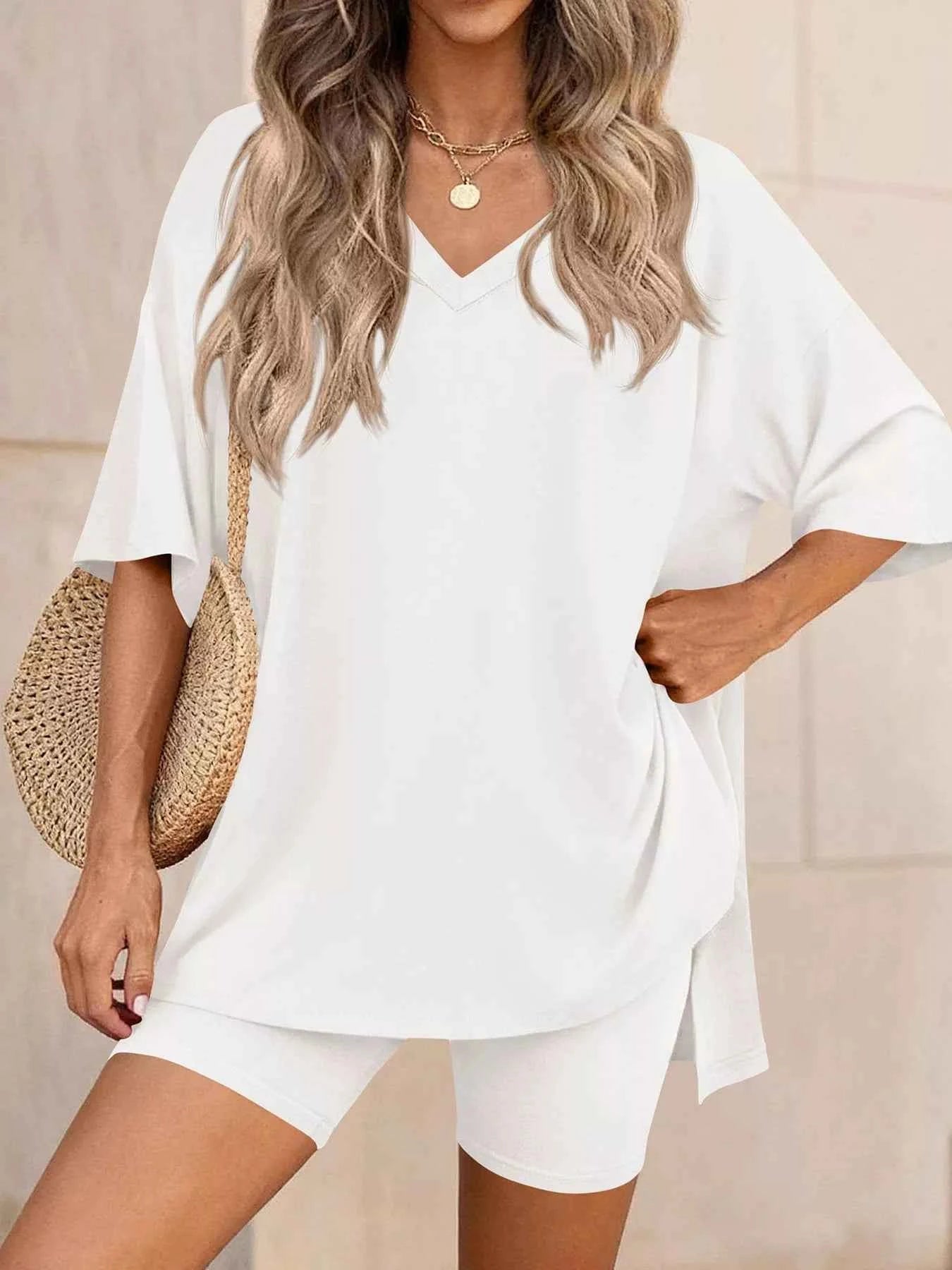 Full Size Casual Loose V-Neck T-Shirt & Shorts Set Plus Size