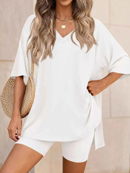 Full Size Casual Loose V-Neck T-Shirt & Shorts Set Plus Size