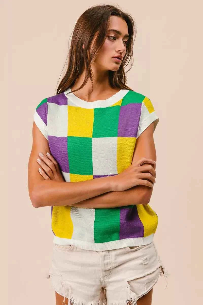 BiBi Mardi Gras Checker Pattern Sleeveless Sweater Top