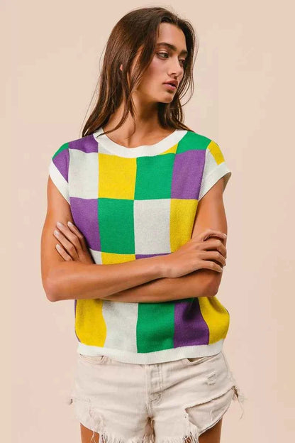 BiBi Mardi Gras Checker Pattern Sleeveless Sweater Top
