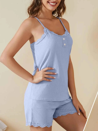 Lace-Trimmed Ribbed Cami and Shorts Lounge Set