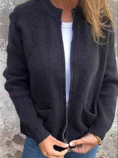 Full Size Zip Up Ribbed Knit Cardigan with Front Pockets Plus Size