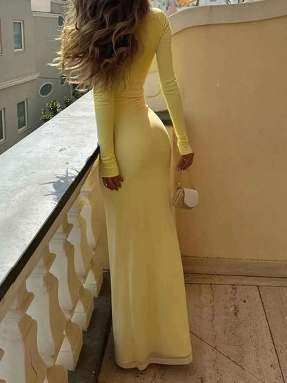 Deep-V Long Sleeve Slim Maxi Dress