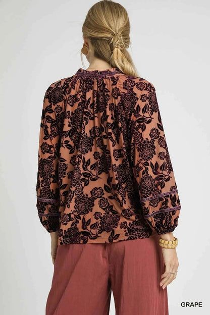 Umgee Floral Velvet Blouse with Balloon Sleeves