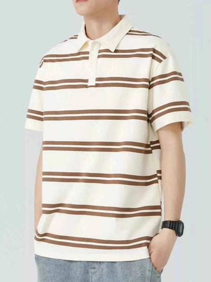 Men's Plus Size Striped Button Detail Short Sleeve Polo