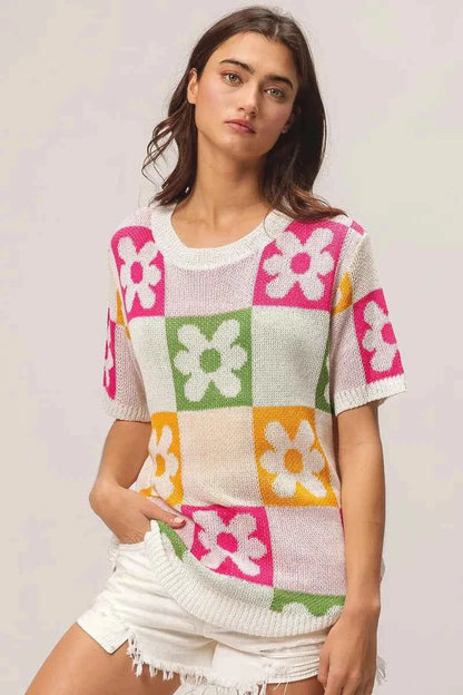 BiBi Flower Checker Pattern Lightweight Sweater Top