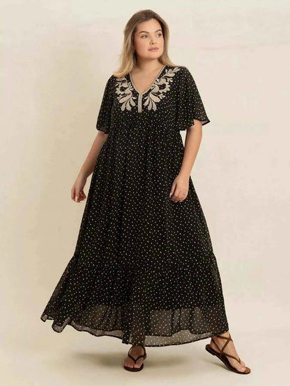 Plus Size Printed V-Neck Flutter Sleeve Maxi Dress