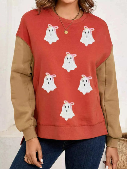 Halloween Glitter Ghost Patched Pattern Color Block Sweatshirt