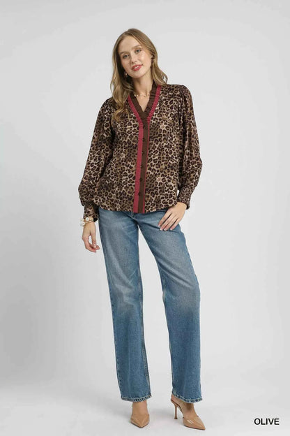 Umgee Ruffle Trim Leopard Print Shirt