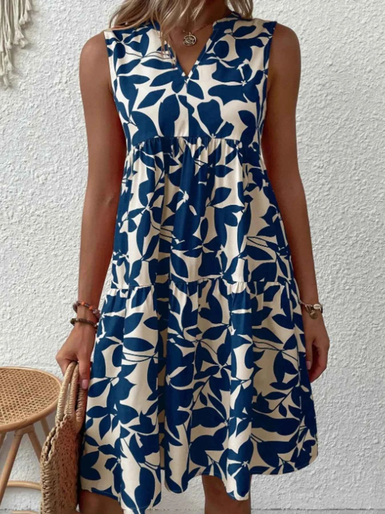 Printed V-Neck Sleeveless Mini Dress
